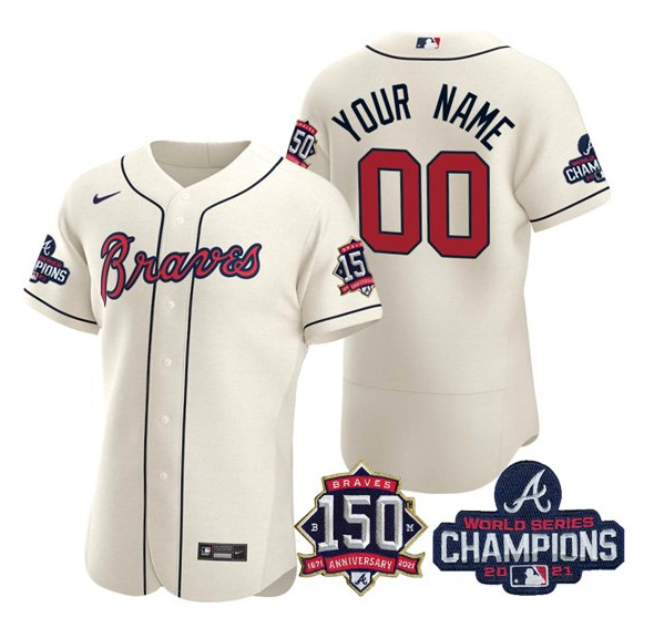 Men's Atlanta Braves Customized 2021 Cream World Series Champions With 150th Anniversary Flex Base Stitched Jersey
